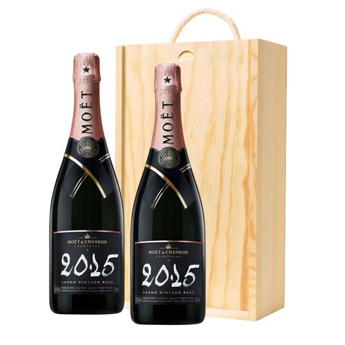 Moet & Chandon Vintage Rose 2015 Champagne 75cl Double Pine Wooden Gift Boxed (2x75cl)